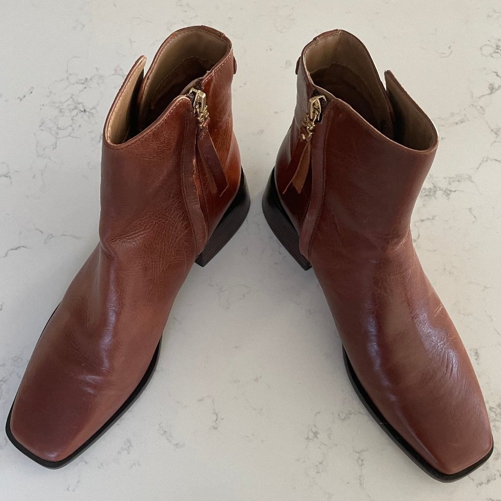 Sam Edelman New York Thatcher Leather Squared Toe Booties Brown Sz 8.5M NWOT